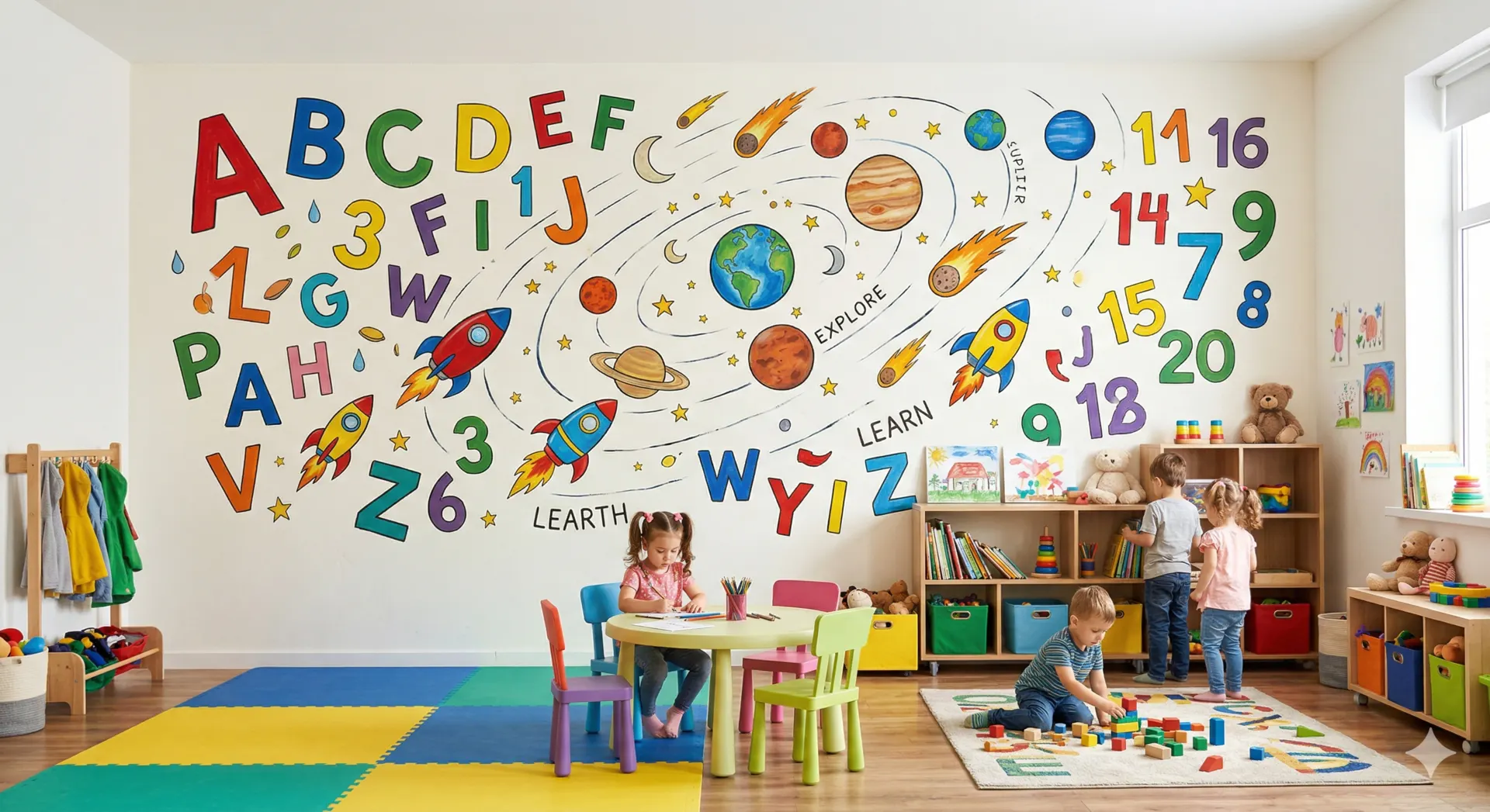 Sala przedszkolna z nadrukiem liter i cyfr w motywie kosmicznym na ścianie (wizualizacja AI)