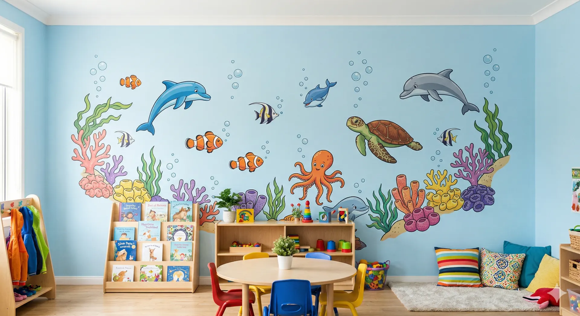 Sala przedszkolna z nadrukiem podwodnego świata na całej ścianie (wizualizacja AI)