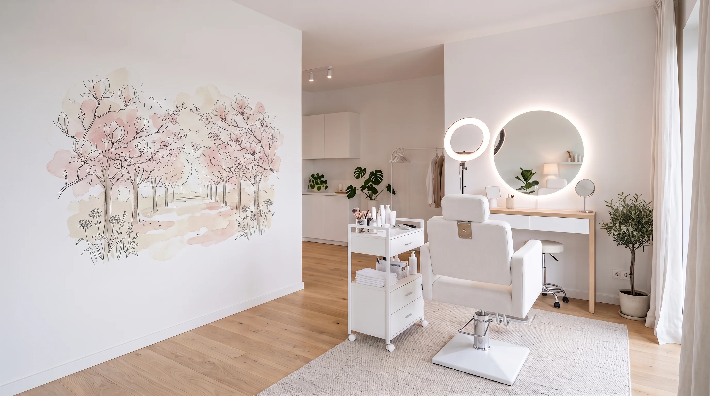 Salon kosmetyczny z delikatnym nadrukiem UV — kwitnące magnolię w stylu akwareli na ścianie (wizualizacja AI)