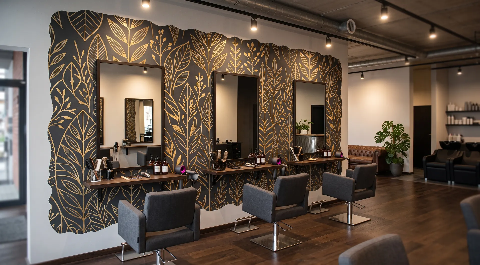 Rząd stanowisk fryzjerskich przy ścianie z ciemnym nadrukiem UV w stylu art deco (wizualizacja AI)
