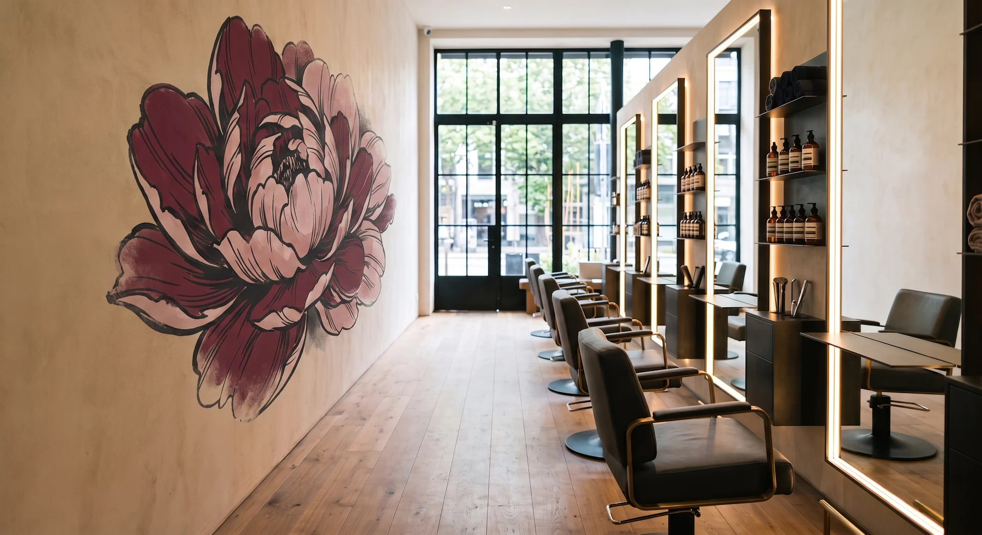 Salon fryzjerski z nadrukiem UV — duża piwonia w stylu ilustracji botanicznej na ścianie naprzeciwko luster (wizualizacja AI)