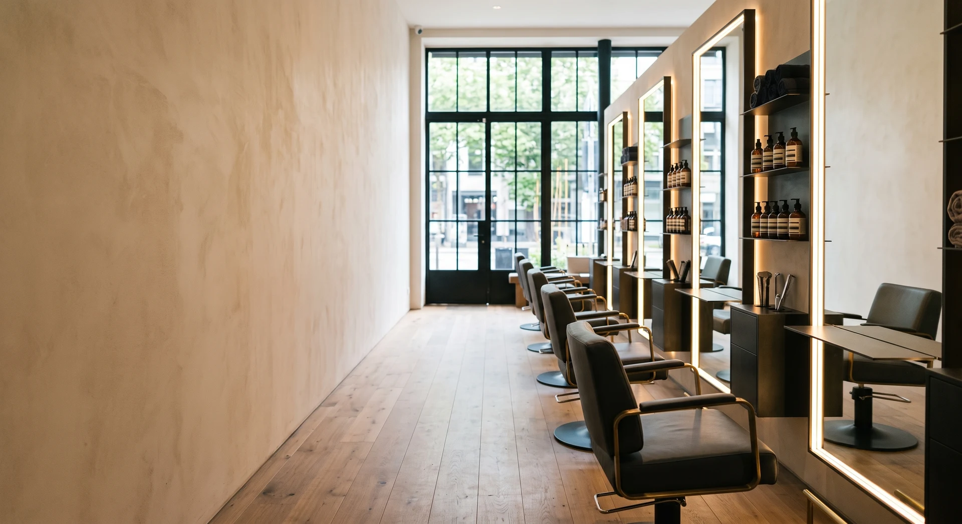 Salon fryzjerski z pustą ścianą naprzeciwko luster przed nadrukiem UV